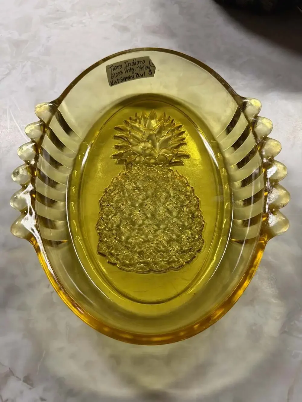 Tiara Indiana Glass Yellow Mist Pineapple Oval Serving Bowl
